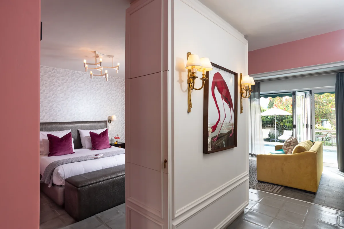 Pool Suite bedroom seen from the lounge at Majeka House Boutique Hotel