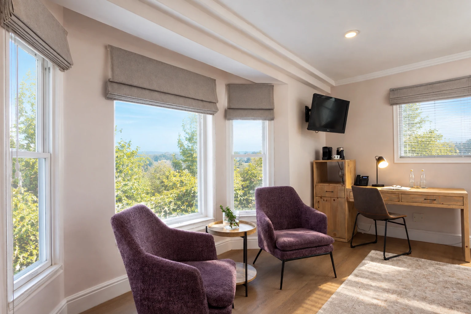 Two armchairs by the bay windows with a desk and TV in a Classic Room at Plumwood Boutique Hotel