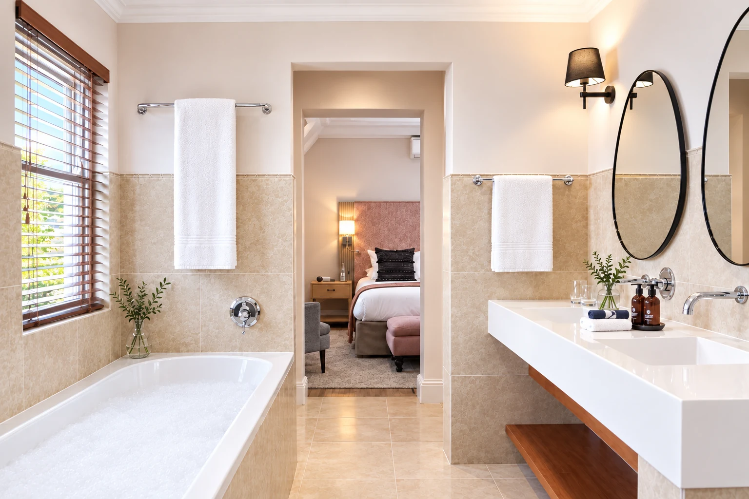 En-suite bathroom with a bath and double basin looking through to the bedroom at Plumwood Boutique Hotel