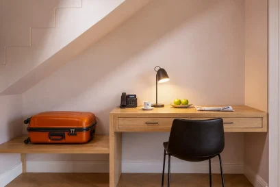 Writing desk with a lamp and luggage bench under the stairs in a Superior Deluxe Room at Plumwood Boutique Hotel